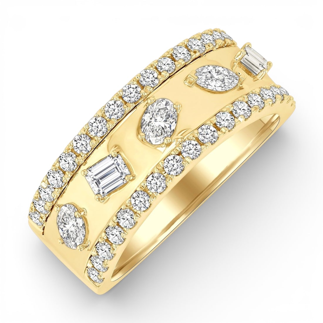 0.95 ctw Mixed Shape Diamond 5-Stone 14K Yellow Gold Band Ring: A testament to superior craftsmanship, this exquisite 5-Stone Mixed Shape ring featuring White Diamond is unparalleled. Crafted with precision, the Fashion Band setting is seamlessly integrated into 5