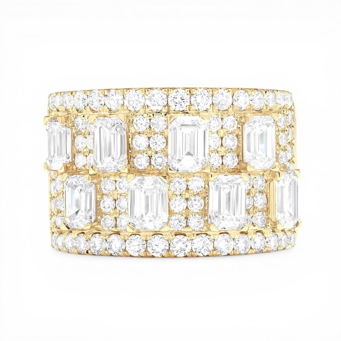 3.81 ctw Emerald Cut Diamond Duchess Wide Halfway Band 18K Yellow Gold Ring: Retail Value: $25,305 An exquisite masterpiece of haute joaillerie, this magnificent Duchess Wide Halfway Band ring featuring White Diamond is a true treasure. The gemstones are nestled within a Wide 