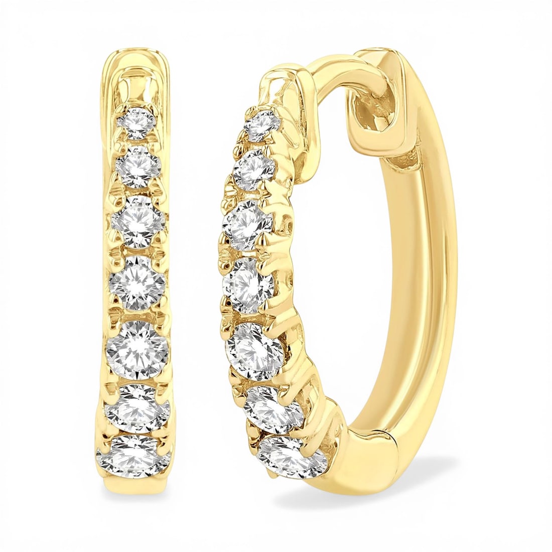 0.25 ctw Graduated Diamond 10K Yellow Gold Huggie Earrings: Defining modern elegance, this stunning Graduated Round Cut pair of earrings featuring White Diamond captures the essence of style. The gemstones are nestled within a Shared Prong framework, supported