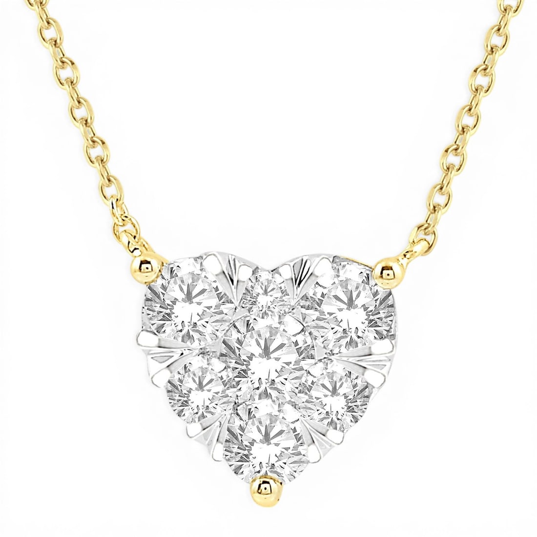 1.01 ctw Cluster Heart Diamond 14k Yellow & White Gold Pendant: A testament to superior craftsmanship, this elegant Heart pendant featuring White Diamond is unparalleled. A detailed Cluster gallery secures the stones, rendered in 1.0 grams of lustrous 14K Yellow &