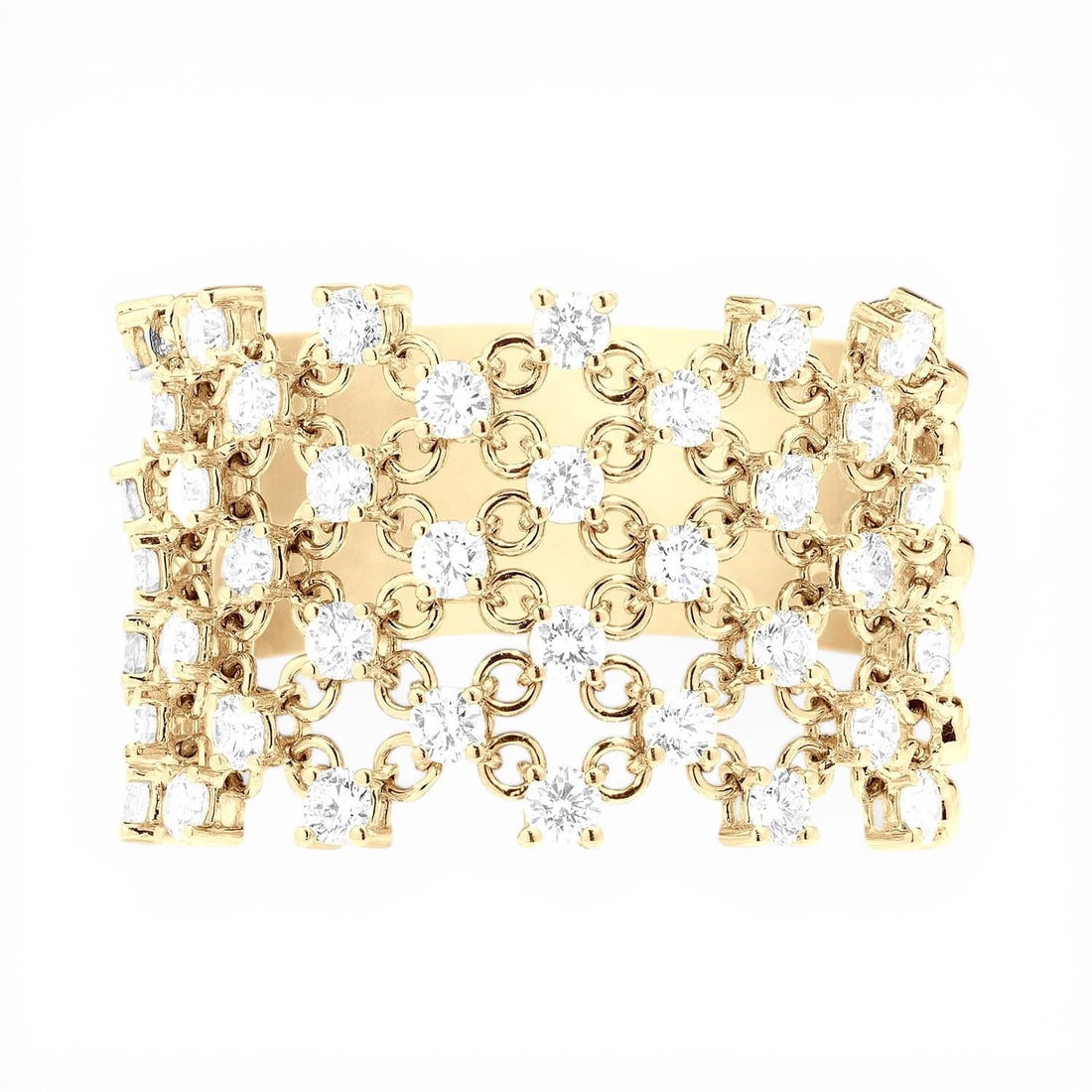 1.01 ctw White Diamond 18K Yellow Gold Wide Silk Ring: Retail Value: $8,175 A testament to superior craftsmanship, this magnificent Silk ring featuring White Diamond is unparalleled. The gemstones are nestled within an Openwork Cluster Band framework, sup