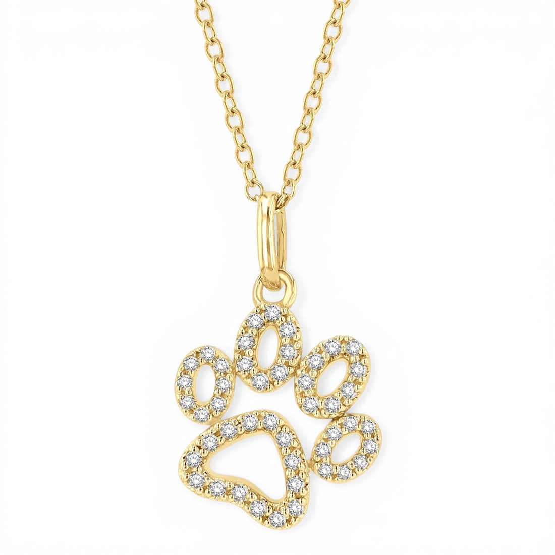 0.17 ctw White Diamond Dog Paw 10K Yellow Gold Pendant Necklace: Defining modern elegance, this elegant Dog Paw pendant featuring Natural Diamonds captures the essence of style. Securely held in a classic Pave design, the pendant is forged from 1.05 grams of high-p
