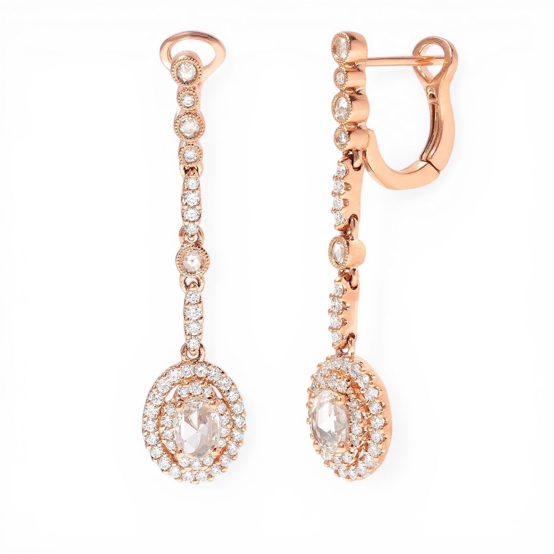 1.70 ctw Diamond Mademoiselle Floral 18k Rose Gold Drop Earrings: Retail Value: $15,885 A testament to superior craftsmanship, this magnificent Floral Drop pair of earrings featuring White Diamond is unparalleled. Securely held in a classic Halo design, the earrings