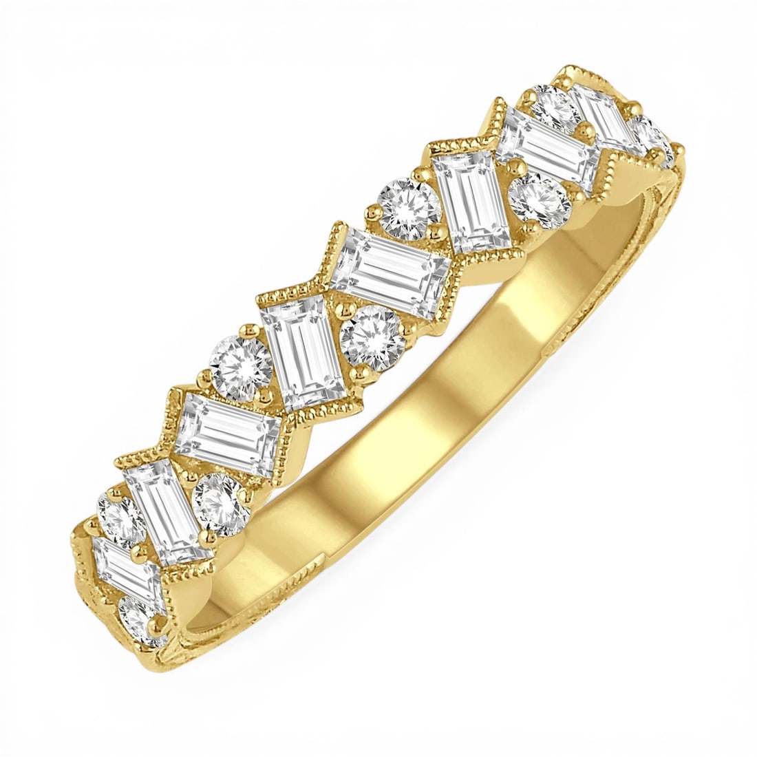 0.67 ctw Zigzag Baguette Diamond 14K Yellow Gold Band Ring: Exuding opulence and grace, this magnificent Zigzag Baguette band ring featuring White Diamond is crafted for the distinguished. Showcasing the gems in a Band arrangement, the band ring consists of 2.