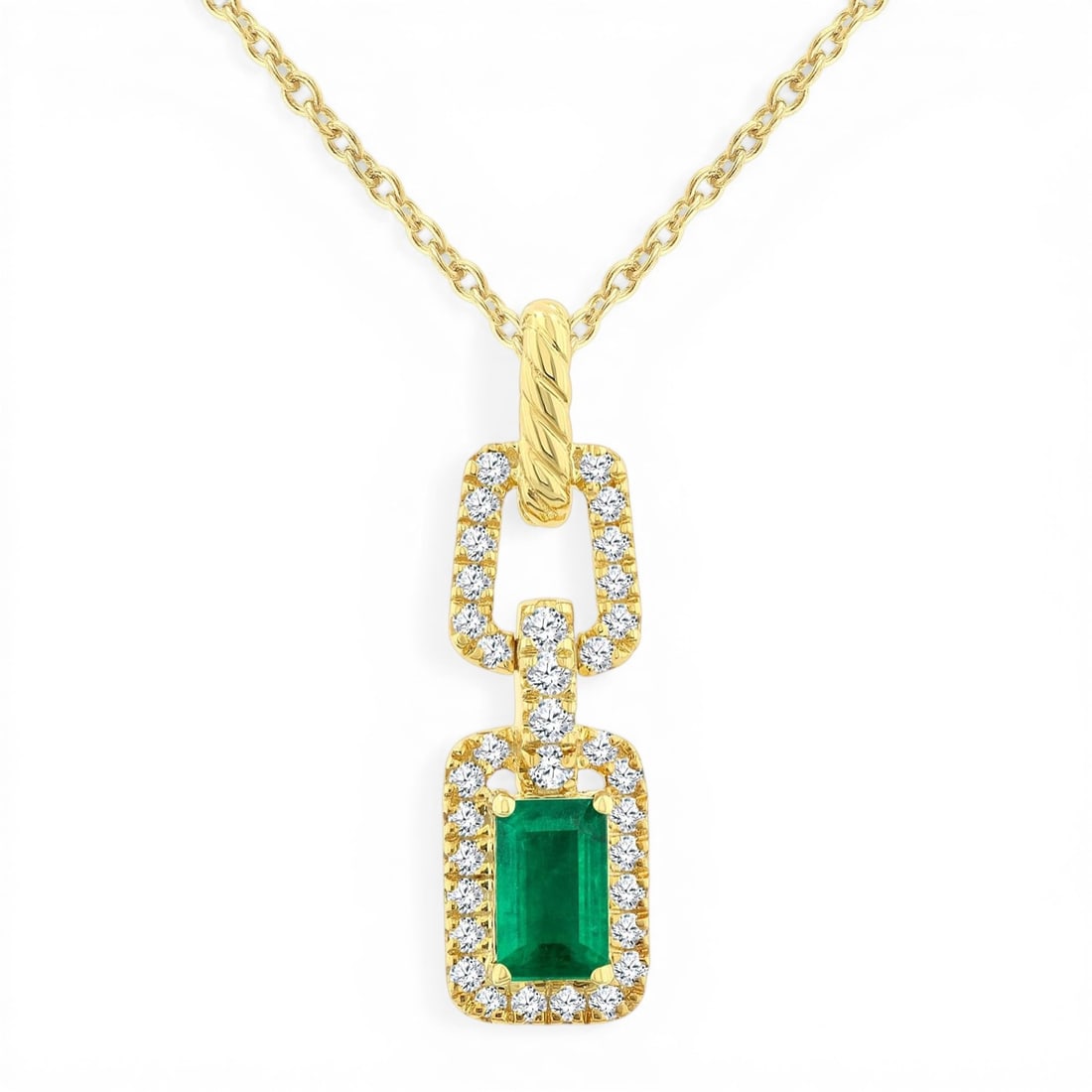 5x3mm Emerald and 0.16 ctw Diamond 14K Yellow Gold Pendant: Epitomizing grandeur, this magnificent Halo Precious Link pendant featuring Emerald, White Diamond stands as a beacon of refined taste. Showcasing the gems in a Halo arrangement, the pendant consists 