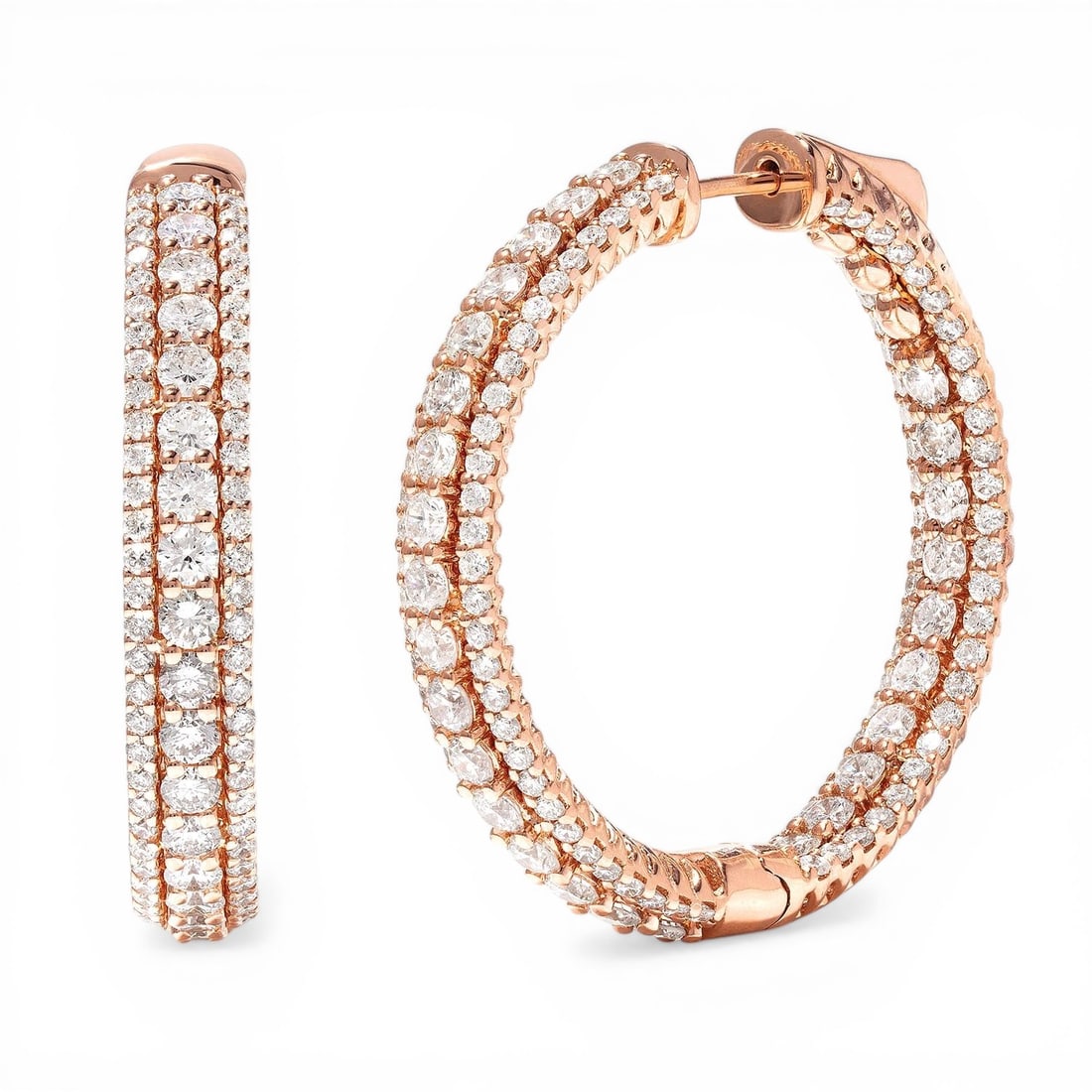 4.08 ctw Diamond 18K Rose Gold Hoop Earrings: Retail Value: $23,430 Timeless and sophisticated, this magnificent Duchess 3-Row pair of earrings featuring White Diamond radiates enduring beauty. Showcasing the gems in a Pave Hoop arrangement, the 