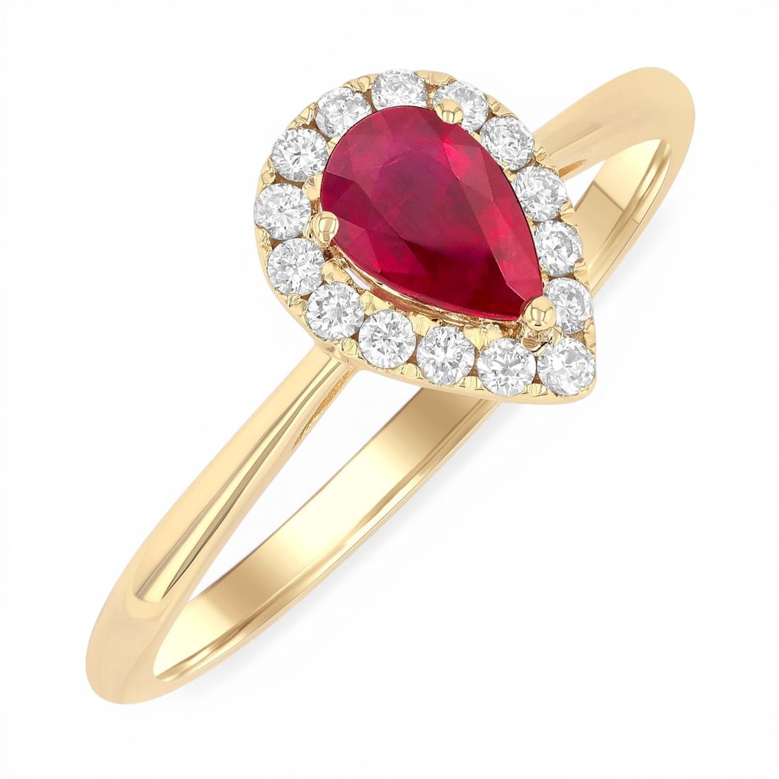 6x4mm Pear Ruby and 0.15 ctw Diamond 14K Yellow Gold Ring: Captured in a moment of brilliance, this magnificent Halo ring featuring Ruby, White Diamond speaks to the connoisseur. Expertly mounted in a Halo setting, the ring is crafted in 1.45 grams of solid 1