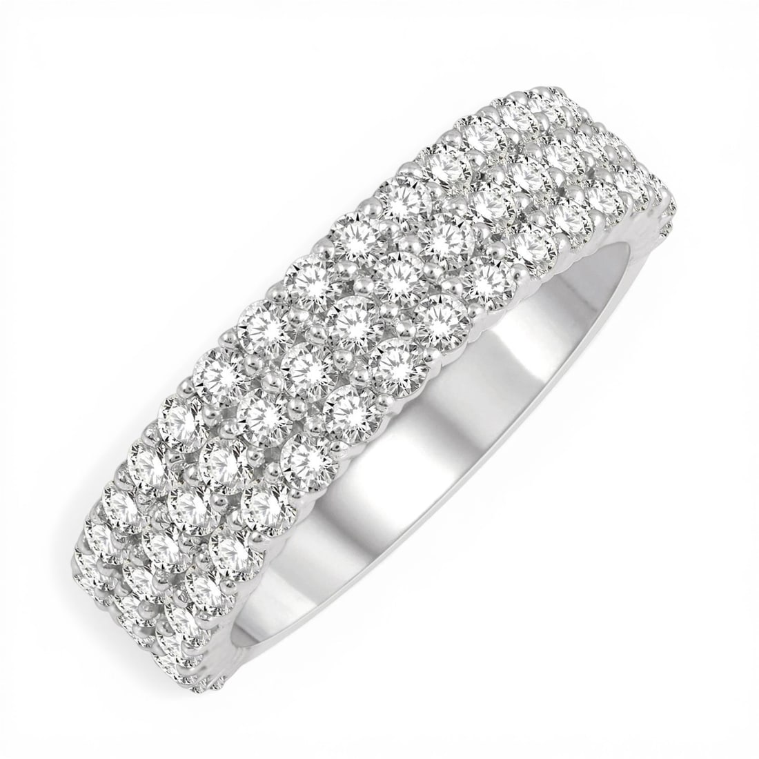 1.25 ctw Round White Diamond Triple Row 14K White Gold Wedding Band: A vision of luxury, this magnificent Triple Row ring featuring White Diamond defines sophistication. Expertly mounted in a Triple Row Band setting, the ring is crafted in 5.2 grams of solid 14K White 