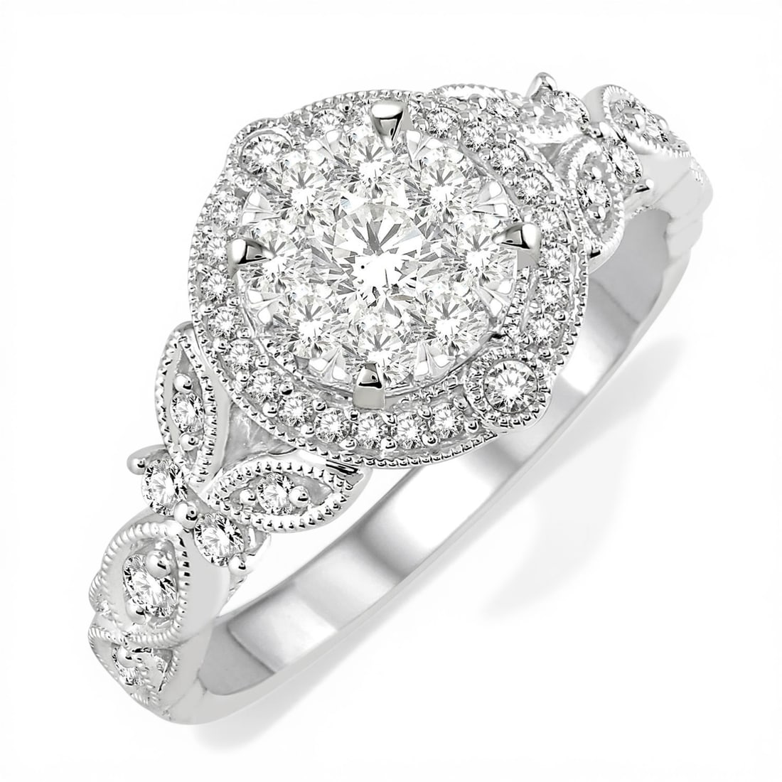 0.61 ctw Diamond Cluster 14K White Gold Engagement Ring: A vision of luxury, this magnificent Cluster Halo ring featuring White Diamond defines sophistication. Securely held in a classic Cluster Halo design, the ring is forged from 3.9 grams of high-polish 