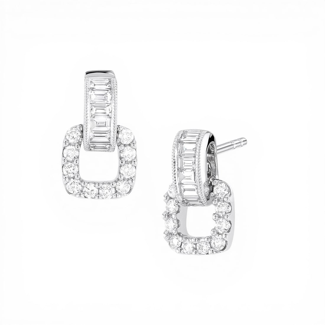 0.53 ctw Baguette & Round Diamond Linq 18k White Gold Stud Earrings: Retail Value: $3,810 Timeless and sophisticated, this stunning Linq Geometric pair of stud earrings featuring White Diamond radiates enduring beauty. The gemstones are nestled within a Linked Geometri