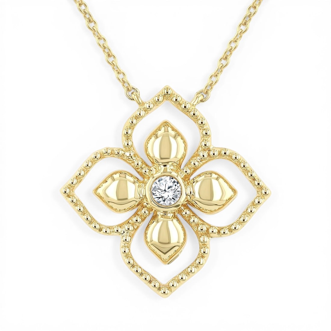 0.05 ctw Diamond Floral Medallion Bezel Set 10K Yellow Gold Pendant: Exuding opulence and grace, this elegant Floral Medallion pendant featuring White Diamond is crafted for the distinguished. A detailed Bezel gallery secures the stones, rendered in 1.65 grams of lustr