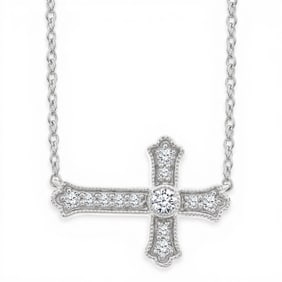 0.12 ctw Diamond Sideway Cross 10K White Gold Pendant Necklace