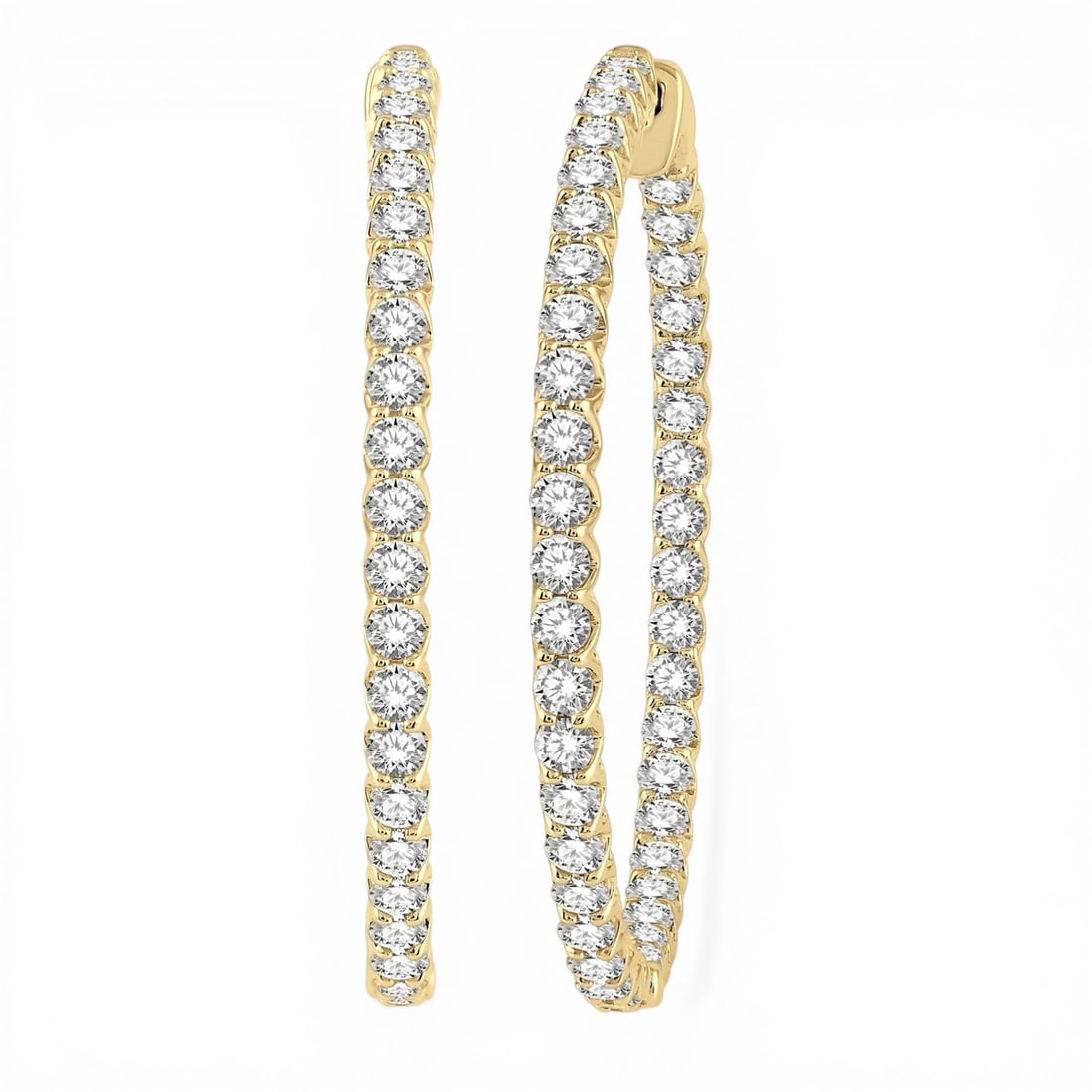 4.05 ctw Inside-Out Diamond 14K Yellow Gold Hoop Earrings: A vision of luxury, this stunning Inside-Out pair of earrings featuring Natural Diamonds defines sophistication. The gemstones are nestled within a Continuous Line framework, supported by a substantia