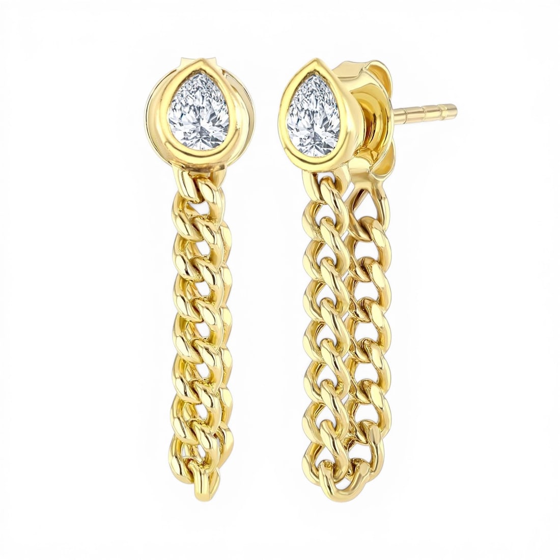 0.32 ctw Pear Diamond Bezel Set Curb Link 14K Yellow Gold Earrings: A symphony of light and color, this elegant Curb Link pair of earrings featuring White Diamond embodies the pinnacle of luxury. The gemstones are nestled within a Bezel framework, supported by a subst