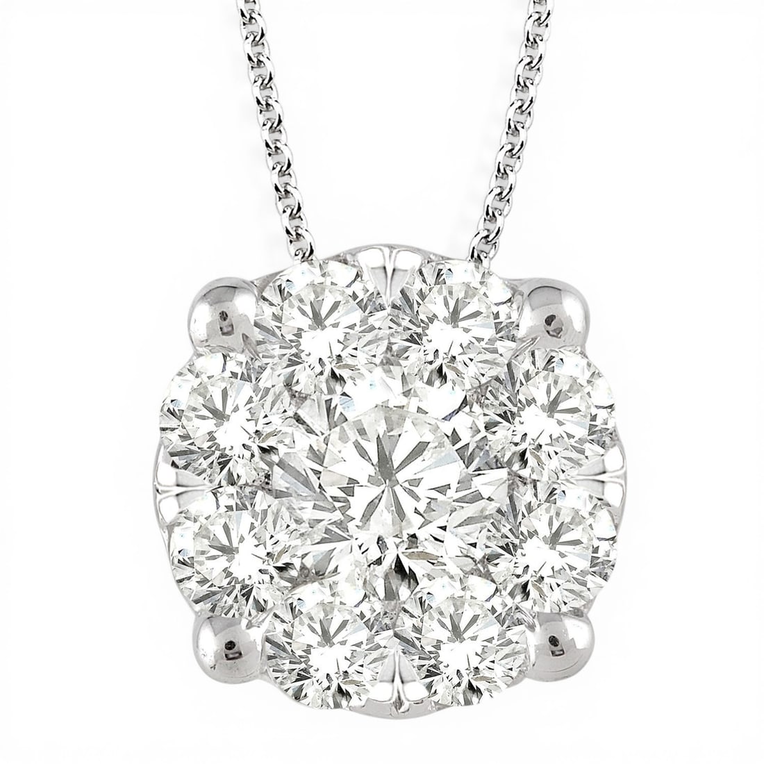 2.0 ctw Cluster Diamond 14K White Gold Pendant Necklace: Rare and radiant, this breathtaking Cluster pendant necklace featuring Natural Diamonds offers a touch of the extraordinary. A detailed Cluster gallery secures the stones, rendered in 2.7 grams of lus