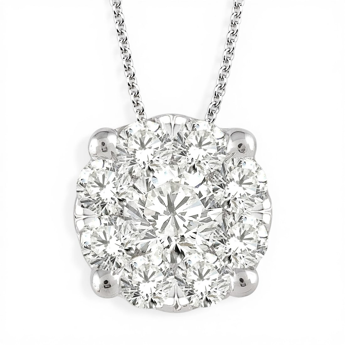 1.50 ctw Cluster Round Diamond 14K White Gold Pendant: A symphony of light and color, this breathtaking Cluster pendant featuring White Diamond embodies the pinnacle of luxury. Securely held in a classic Cluster design, the pendant is forged from 2.3 gram