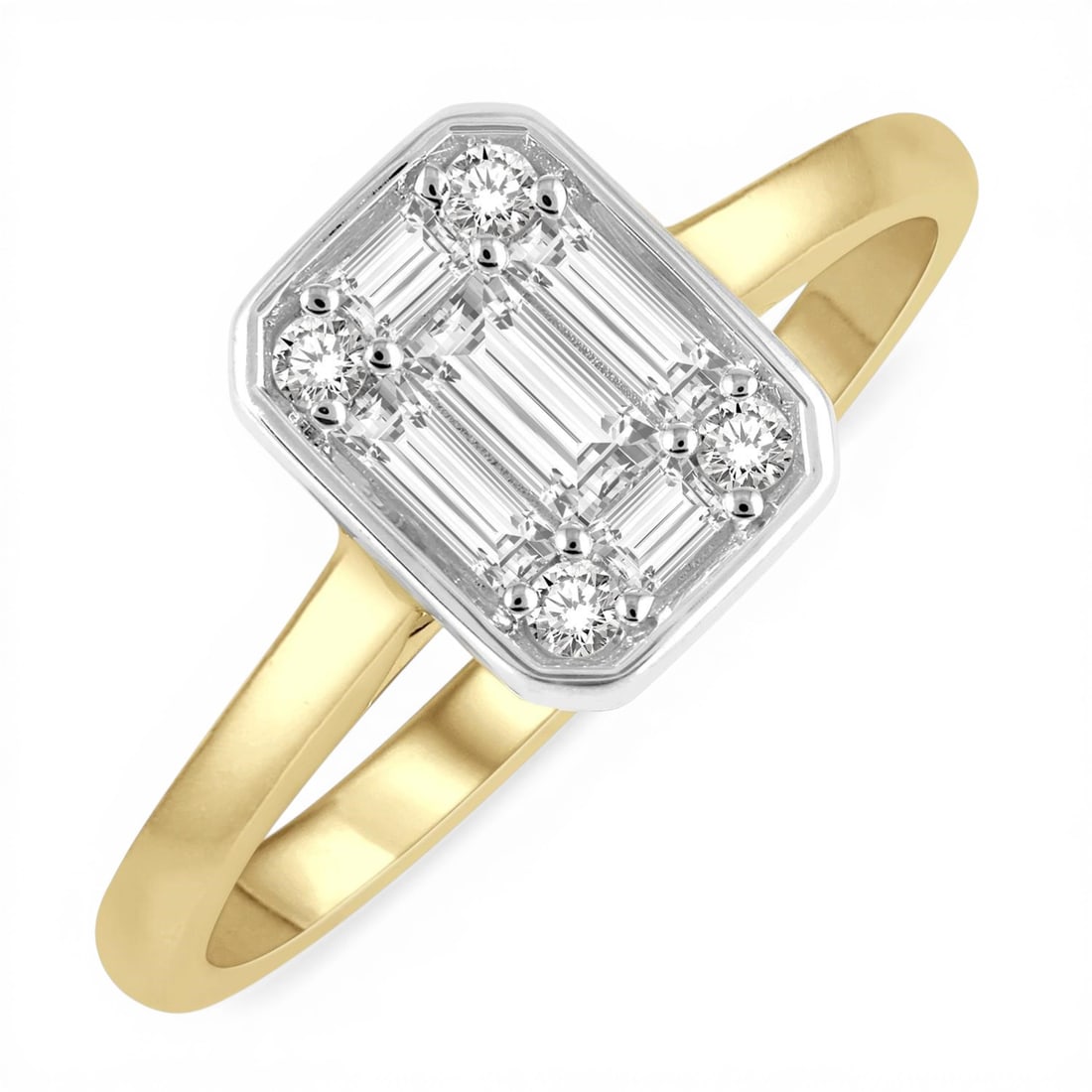 0.57 ctw Octagonal Baguette & Round Diamond 14K Yellow/White Gold Ring: Epitomizing grandeur, this magnificent Octagonal Shape ring featuring White Diamond stands as a beacon of refined taste. A detailed Cluster gallery secures the stones, rendered in 2.75 grams of lustro