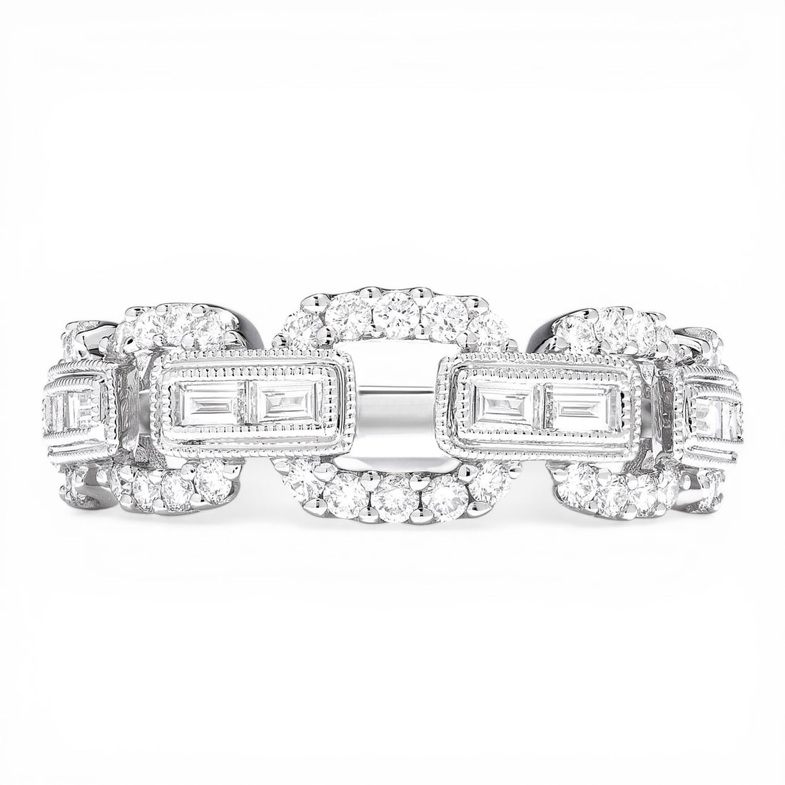 0.69 ctw Diamond Baguette Link 18K White Gold Band Ring: Retail Value: $5,955 A vision of luxury, this exquisite Baguette Link ring featuring Natural White Diamonds defines sophistication. A detailed Link Band gallery secures the stones, rendered in 4.15 gr