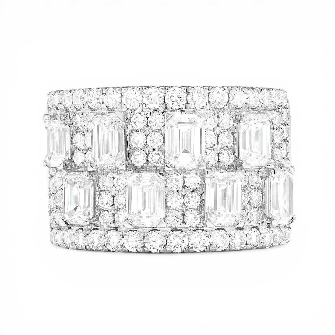 3.81 ctw Emerald & Round Diamond Wide Band 18k White Gold Ring: Retail Value: $25,305 Defining modern elegance, this magnificent Wide Halfway Band ring featuring Natural White Diamond captures the essence of style. A detailed Multi-Row Band gallery secures the sto