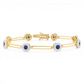 3mm Sapphire and 1.22 ctw Diamond Paperclip Cluster 14K Yellow & White Gold Bracelet