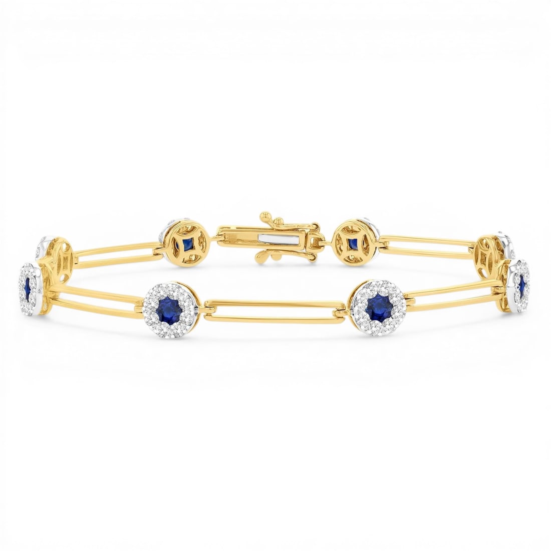 3mm Sapphire and 1.22 ctw Diamond Paperclip Cluster 14K Yellow & White Gold Bracelet: Exuding opulence and grace, this breathtaking Paperclip Cluster bracelet featuring Blue Sapphire, White Diamond is crafted for the distinguished. Crafted with precision, the Halo setting is seamlessly