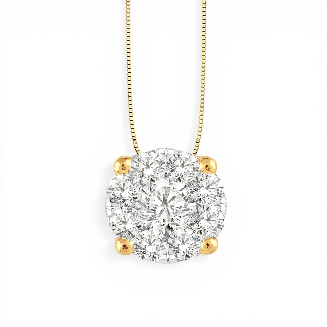 0.35 ctw Diamond Cluster 14K Yellow & White Gold Pendant: A symphony of light and color, this stunning Cluster pendant featuring White Diamond embodies the pinnacle of luxury. Securely held in a classic Cluster design, the pendant is forged from 1.0 grams of