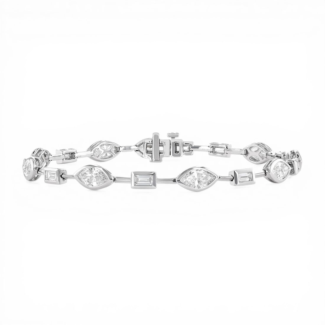 4.39 ctw Marquise and Baguette White Diamond Bezel Bar 18K White Gold Bracelet: Retail Value: $35,115 A symphony of light and color, this magnificent Bar bracelet featuring White Diamond embodies the pinnacle of luxury. Crafted with precision, the Bezel-set linked design setting 