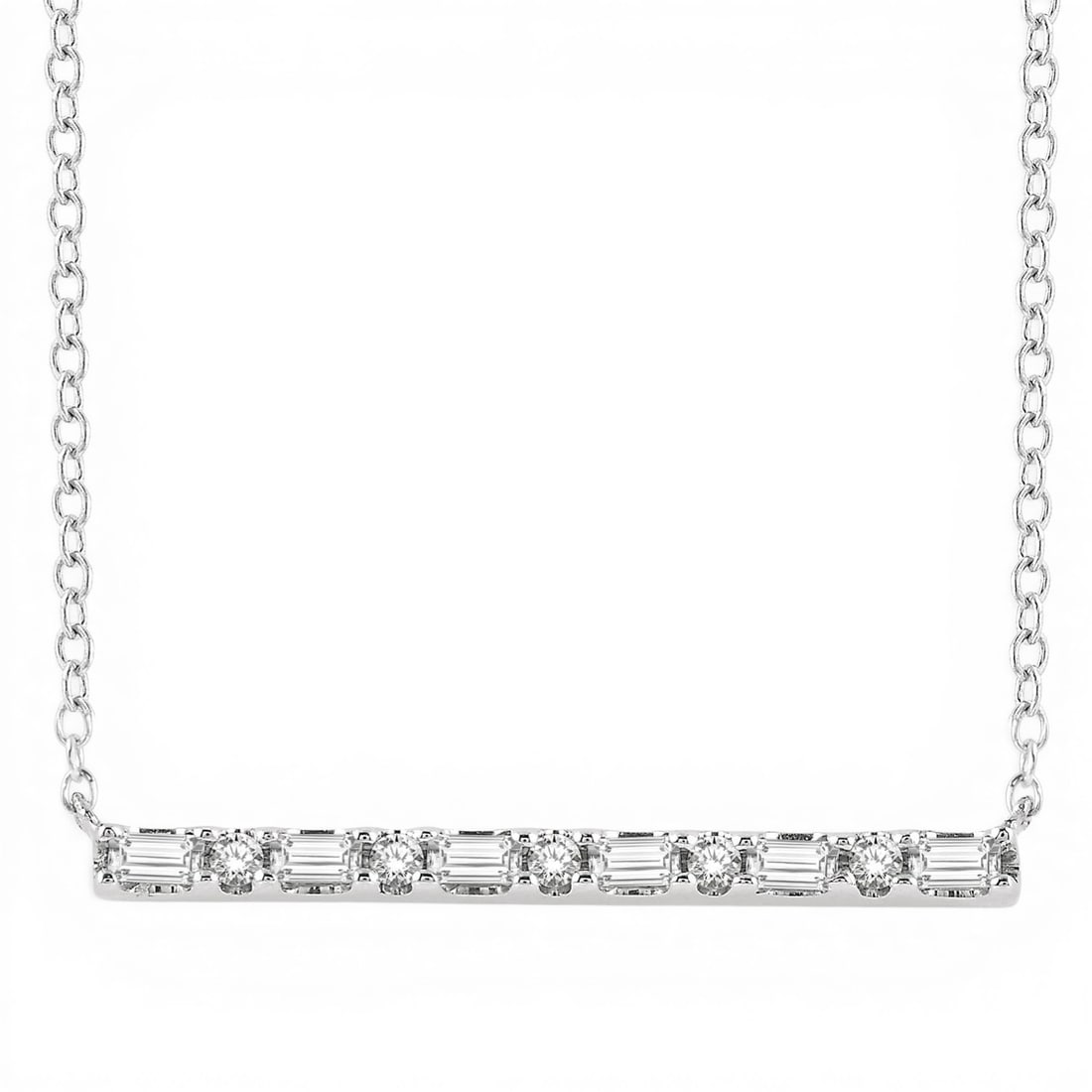 0.14 ctw Baguette & Round Diamond Bar 10K White Gold Necklace: A symphony of light and color, this stunning Petite Bar necklace featuring White Diamond embodies the pinnacle of luxury. Securely held in a classic Bar design, the necklace is forged from 0.7 grams o