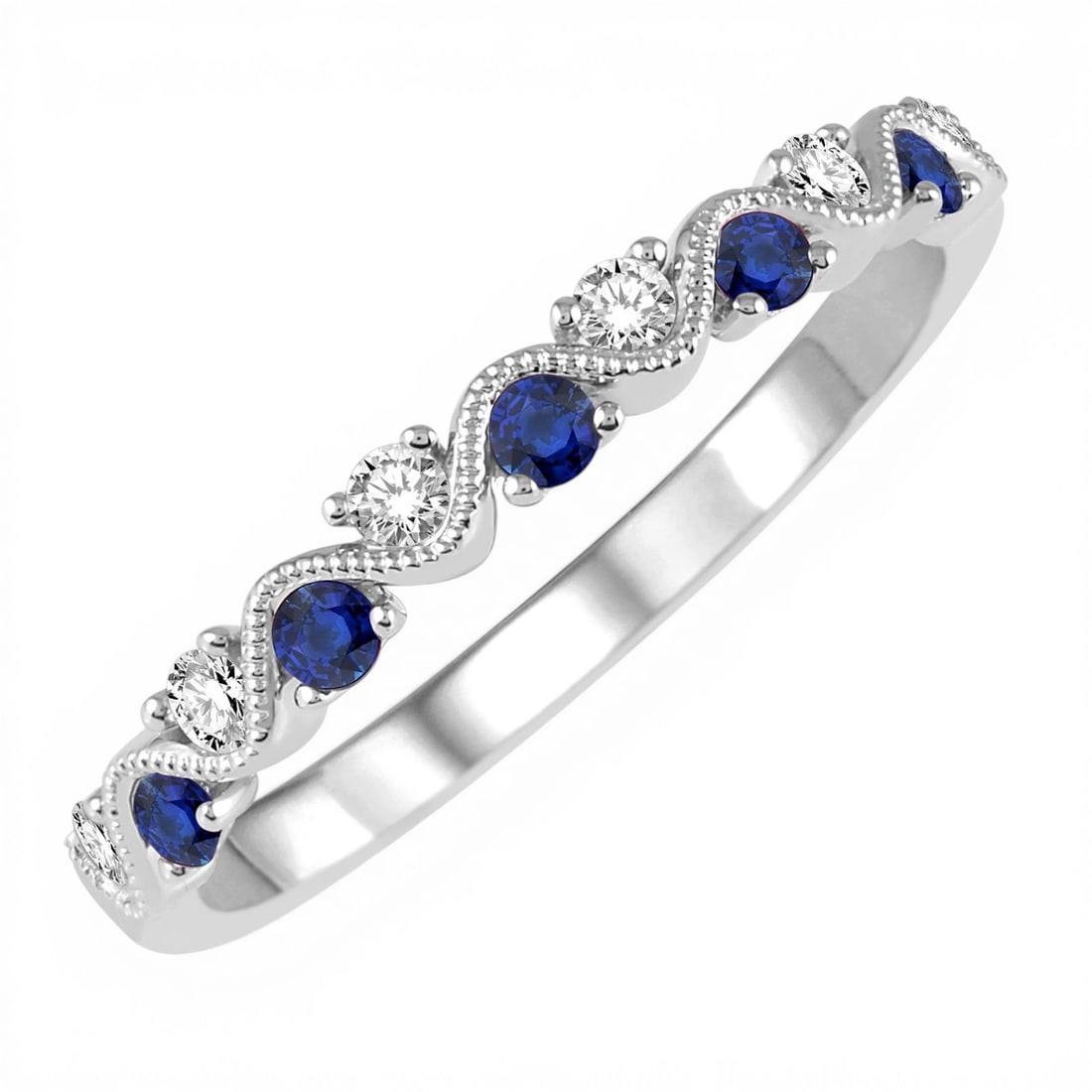 1.8mm Sapphire and 0.15 ctw Diamond 14K White Gold Band Ring: Captured in a moment of brilliance, this magnificent Precious Waves ring featuring Blue Sapphire, White Diamond speaks to the connoisseur. The gemstones are nestled within a Wavy Band framework, suppo