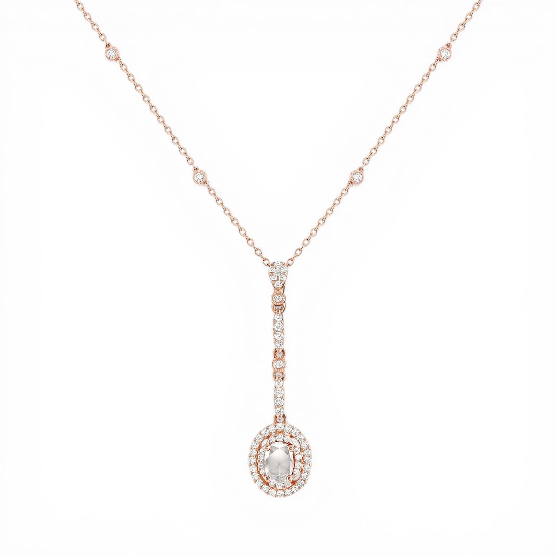 1.32 ctw White Diamond 18K Rose Gold Floral Drop Pendant Necklace: Retail Value: $13,320 Captured in a moment of brilliance, this exquisite Floral Drop necklace featuring White Diamond speaks to the connoisseur. Crafted with precision, the Halo setting is seamlessly 