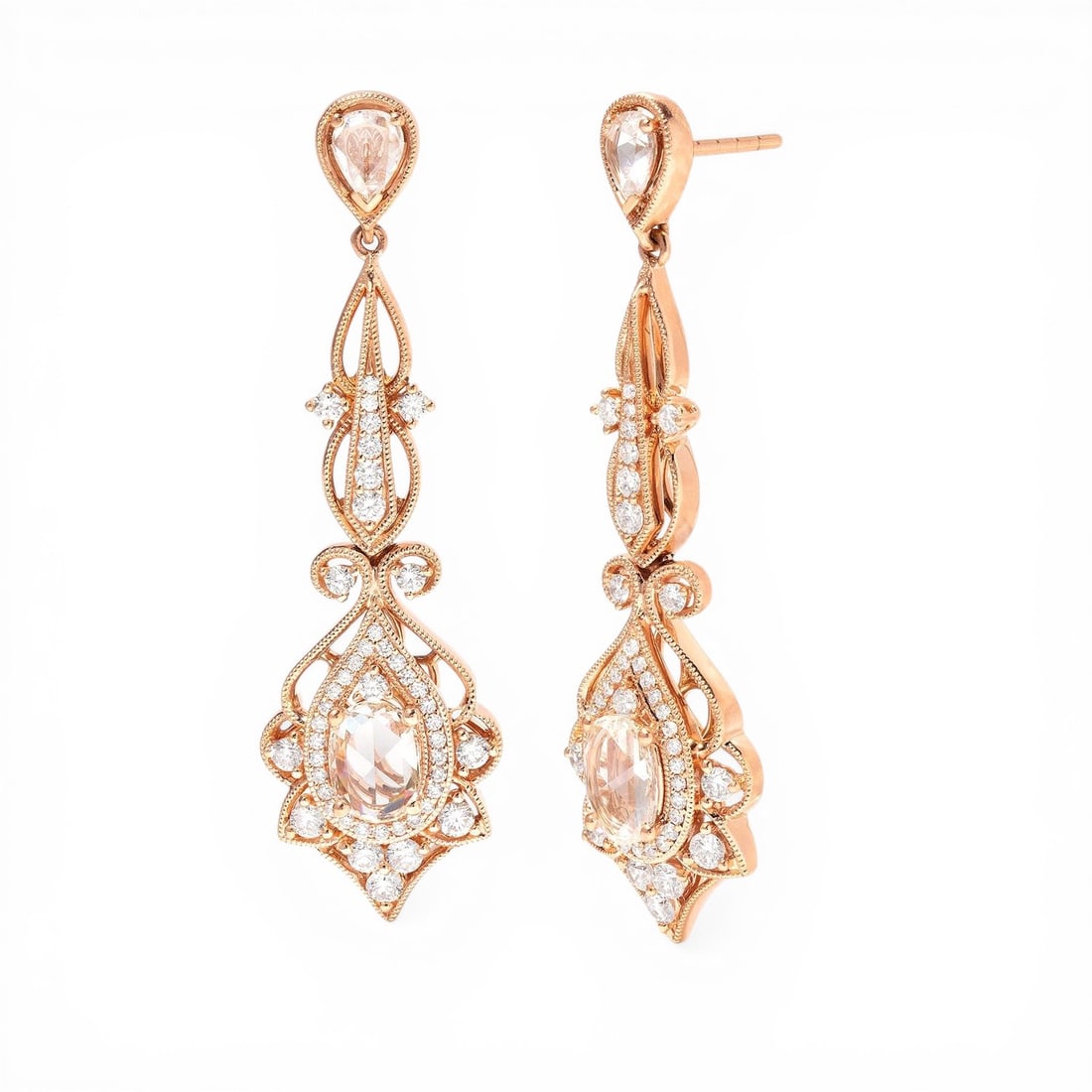 2.66 ctw Fancy Color Diamond and White Diamond 18k Rose Gold Earrings: Retail Value: $24,315 Timeless and sophisticated, this magnificent Floral pair of earrings featuring Fancy Color Diamond, White Diamond radiates enduring beauty. Showcasing the gems in a Drop Cluster 
