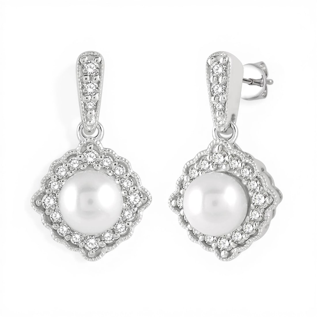 6mm Cultured Pearl and 0.25 ctw White Diamond 10K White Gold Earrings (1 of 3)
