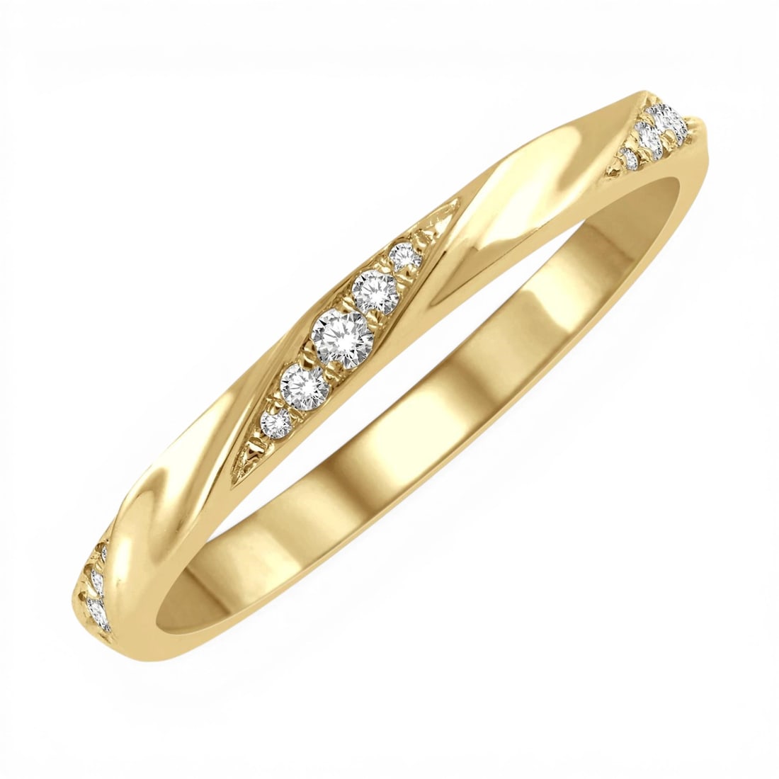 0.10 ctw White Diamond Pod Shape Stackable Band 14K Yellow Gold Ring: A testament to superior craftsmanship, this elegant Pod Shape Grooves ring featuring White Diamond is unparalleled. Showcasing the gems in a Band/Integrated Setting arrangement, the ring consists of 2