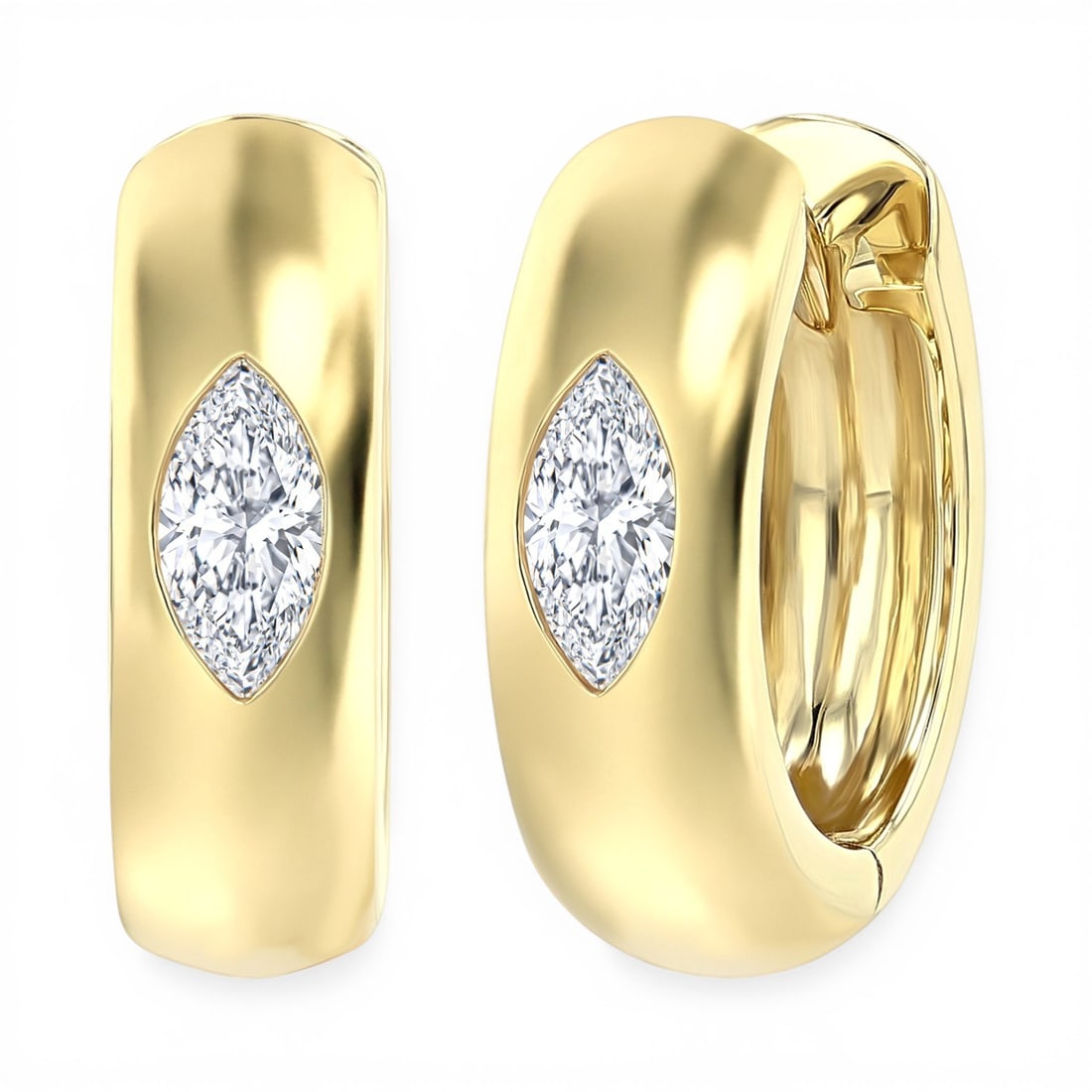 0.27 ctw Marquise Diamond Bezel Set Huggie 14K Yellow Gold Earrings: A testament to superior craftsmanship, this elegant Huggie pair of earrings featuring White Diamond is unparalleled. A detailed Bezel gallery secures the stones, rendered in 4.1 grams of lustrous 14K 