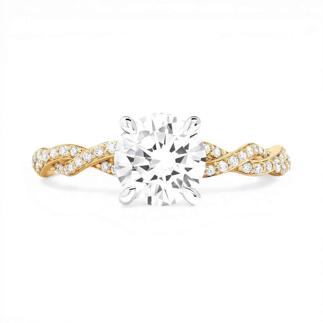 0.32 ctw White Diamond Twisted 18k Yellow & White Gold Engagement Ring: Retail Value: $3,810 An exquisite masterpiece of haute joaillerie, this magnificent Twisted ring featuring White Diamond is a true treasure. A detailed Solitaire gallery secures the stones, rendered i
