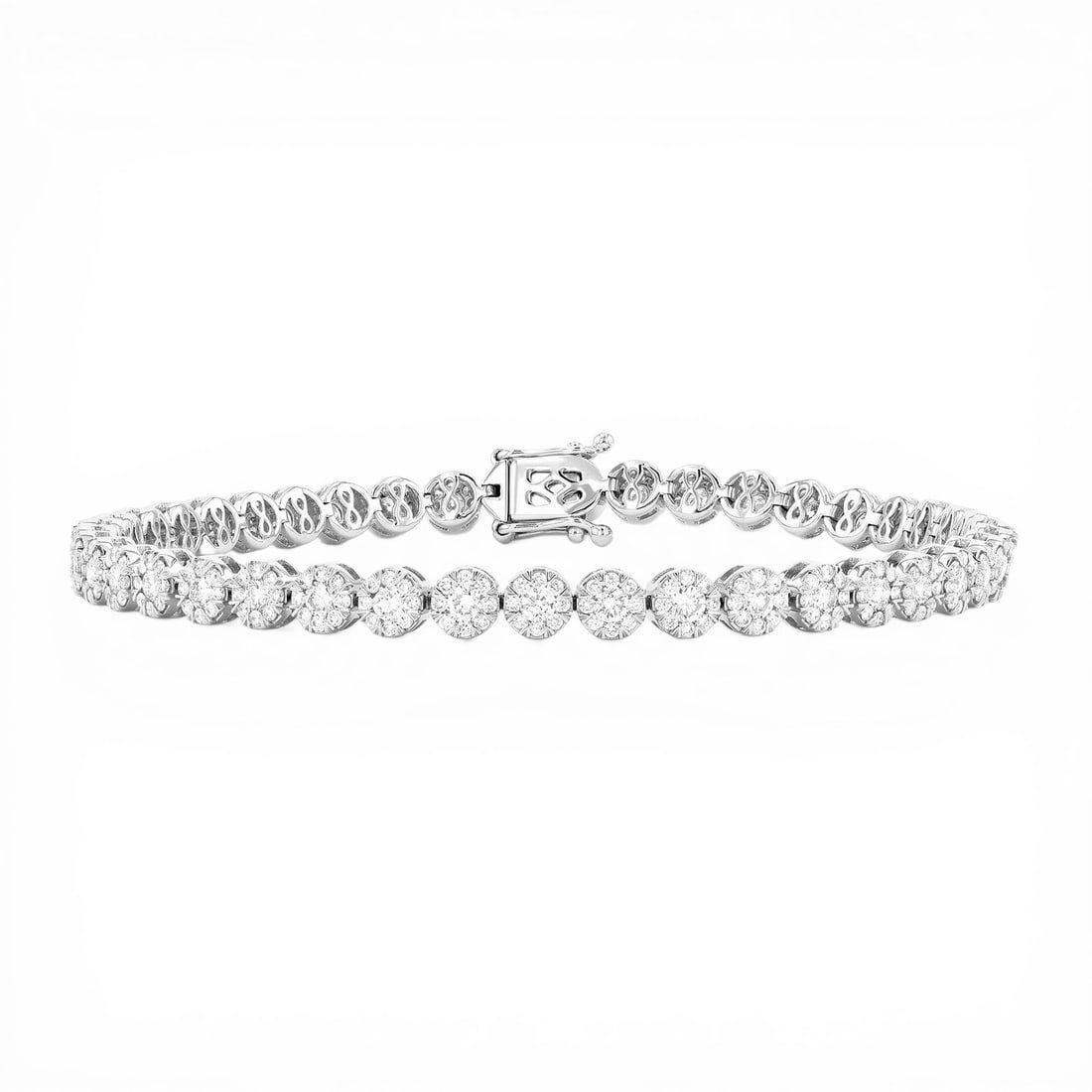 3.05 ctw White Diamond 18K White Gold Tennis Bracelet: Retail Value: $19,425 Epitomizing grandeur, this magnificent Fiori tennis bracelet featuring White Diamond stands as a beacon of refined taste. Securely held in a classic Cluster design, the tennis br