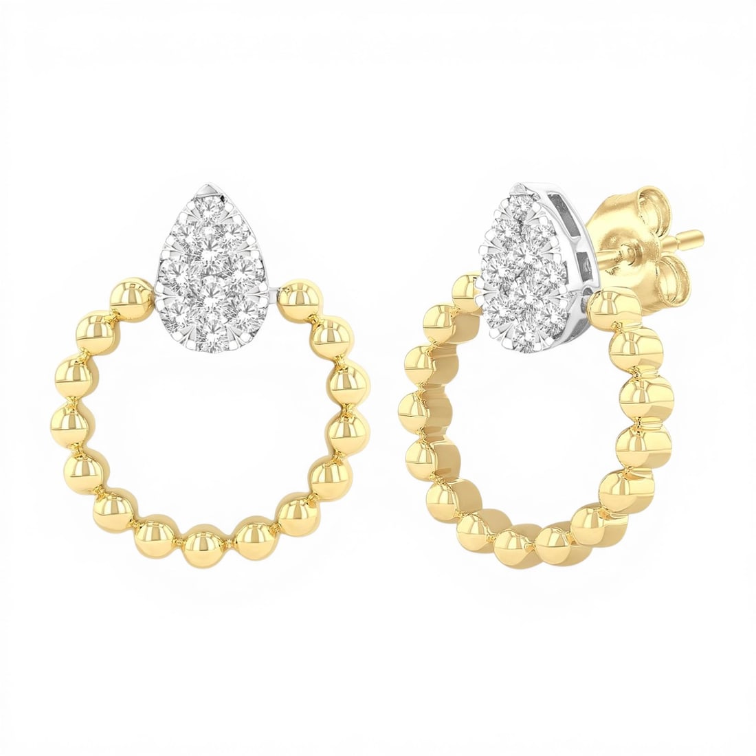 0.25 ctw Diamond Pear Cluster 10K Yellow & White Gold Earrings: Defining modern elegance, this stunning Pear Shape Cluster pair of earrings featuring White Diamonds captures the essence of style. The gemstones are nestled within a Cluster framework, supported by a