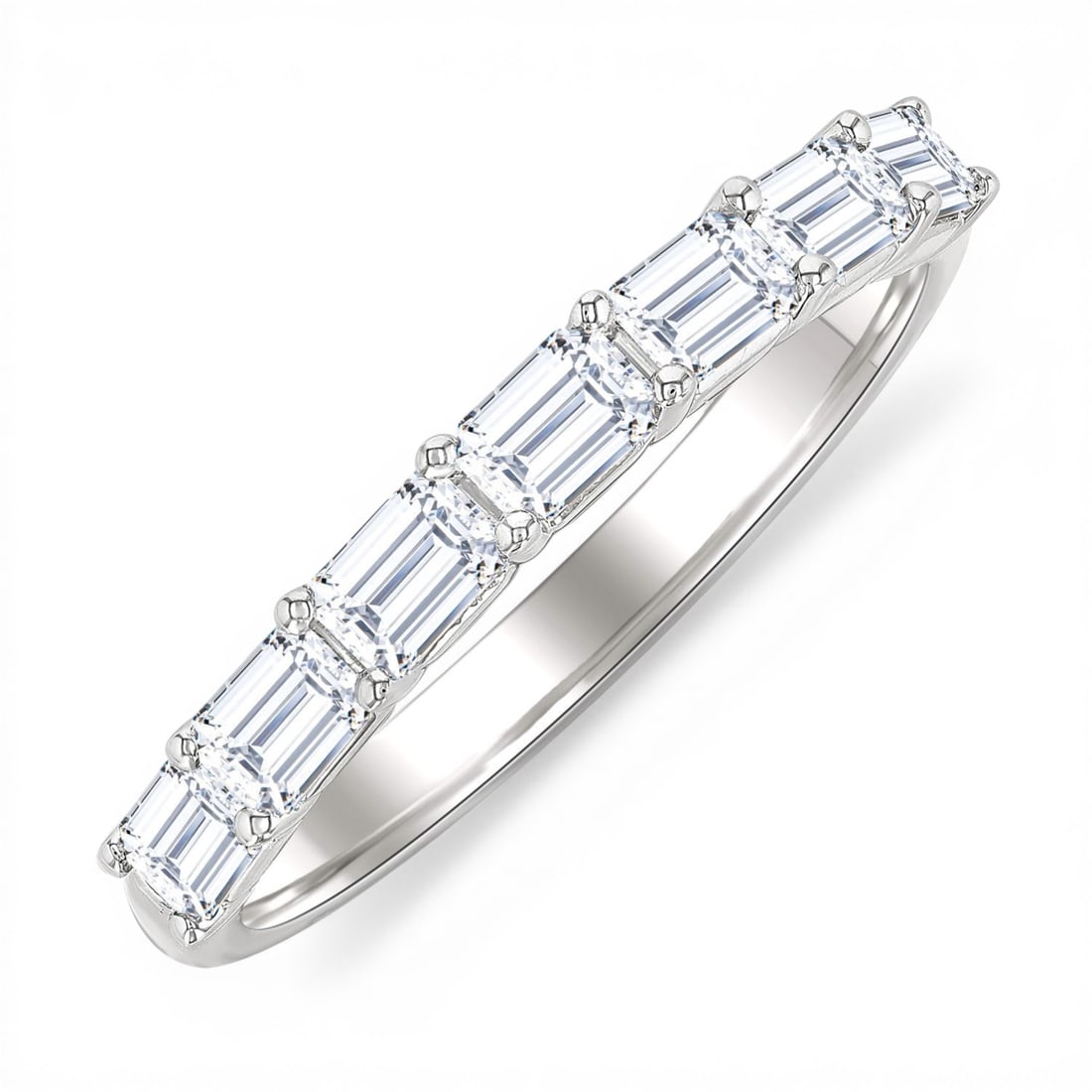 1.02 ctw East-West Emerald Cut Diamond 14K White Gold Band Ring: A vision of luxury, this elegant East-West Emerald Cut ring featuring White Diamond defines sophistication. Securely held in a classic Band design, the ring is forged from 2.55 grams of high-polish 14