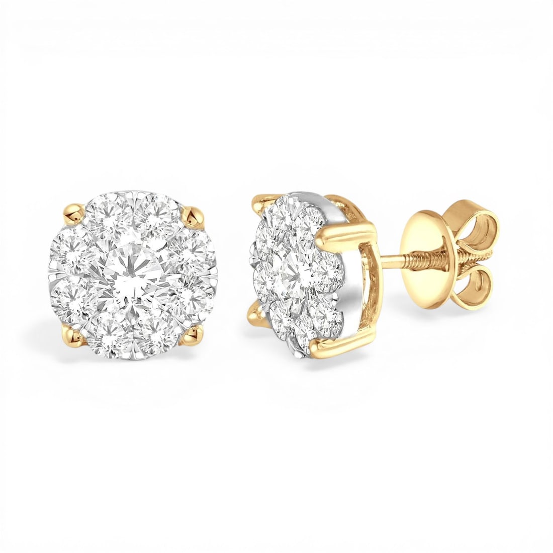1.52 ctw Cluster Diamond 14K Yellow & White Gold Stud Earrings: Exuding opulence and grace, this elegant Cluster pair of earrings featuring White Diamond is crafted for the distinguished. Showcasing the gems in a Cluster arrangement, the earrings consists of 4.25 
