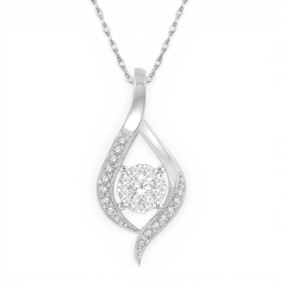 0.22 ctw Cluster Diamond 14K White Gold Pendant: A vision of luxury, this stunning Cluster pendant featuring White Diamond defines sophistication. Expertly mounted in a Cluster setting, the pendant is crafted in 1.6 grams of solid 14K White Gold. Th