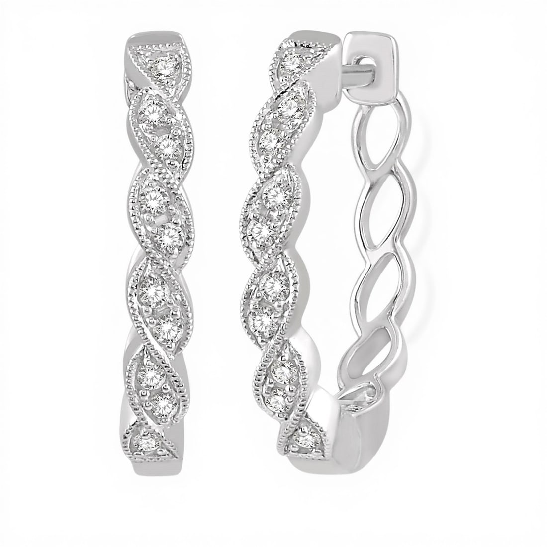 0.16 ctw Diamond Braided Hoop 10K White Gold Earrings: A symphony of light and color, this elegant Braided Pattern pair of earrings featuring White Diamond embodies the pinnacle of luxury. The gemstones are nestled within a Pave framework, supported by a 