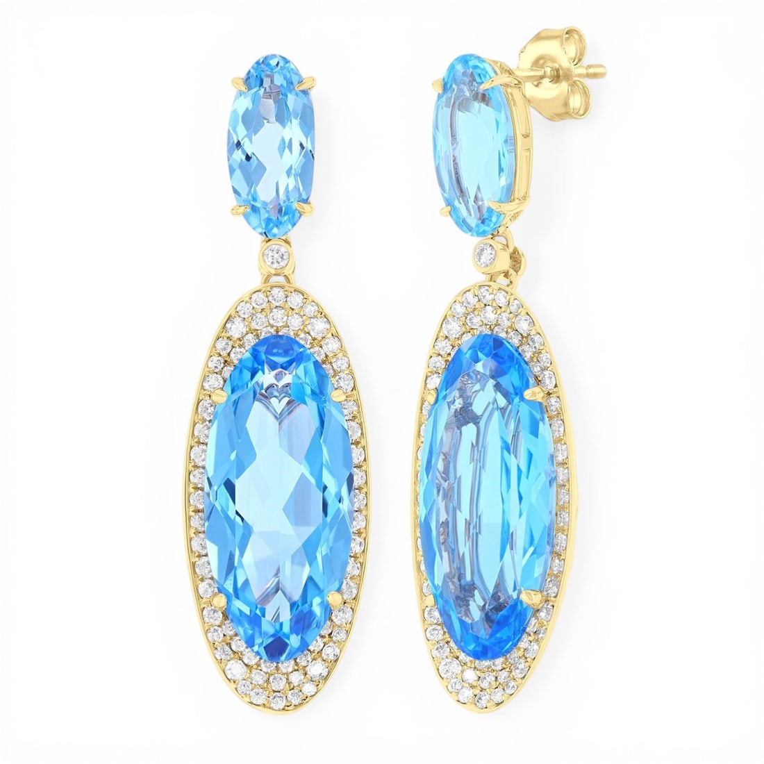 18x8 MM & 10x5 MM Blue Topaz and 0.69 ctw White Diamond 14K Yellow Gold Earrings: Exuding opulence and grace, this breathtaking Halo pair of earrings featuring Blue Topaz, White Diamond is crafted for the distinguished. Showcasing the gems in a Halo arrangement, the earrings consis