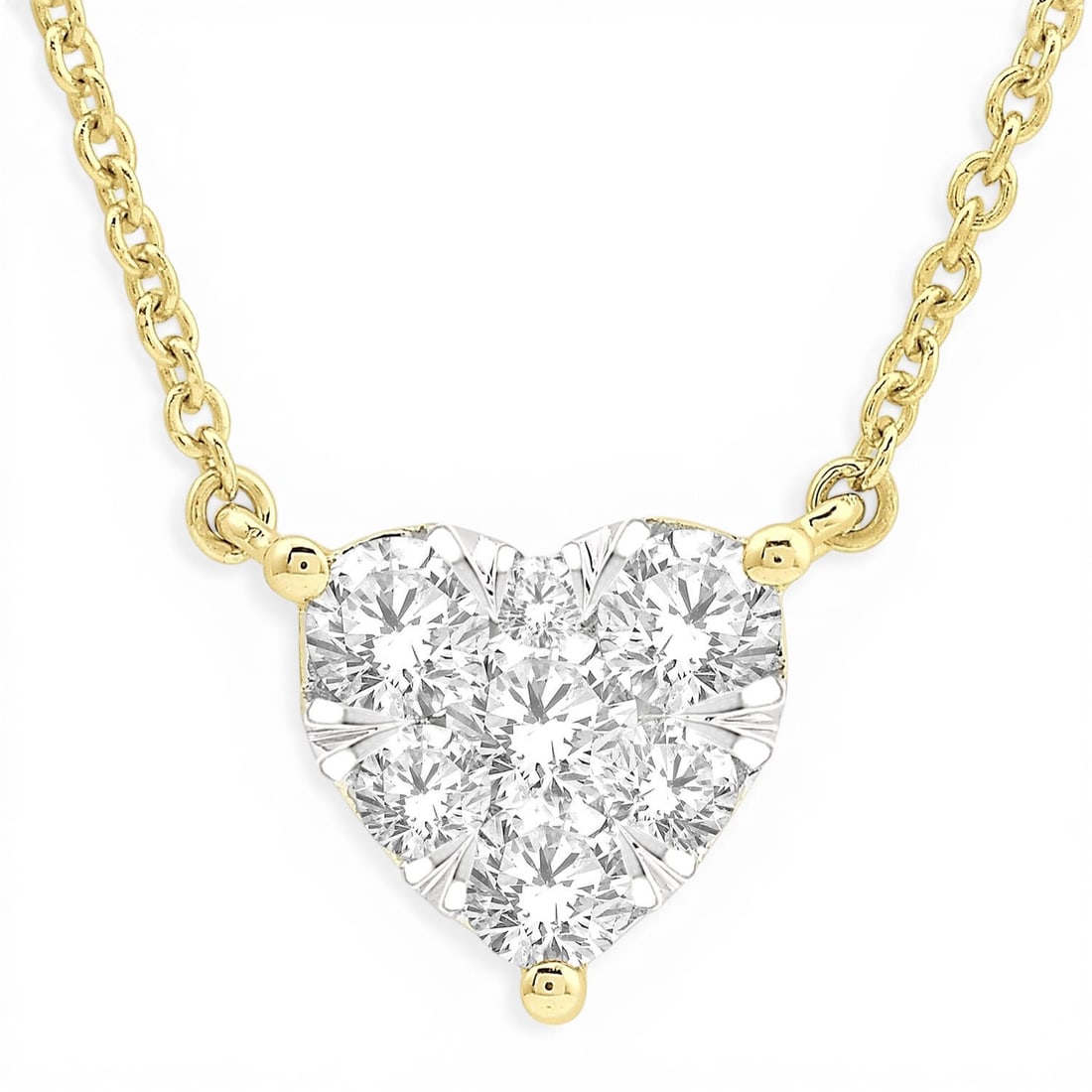 0.5 ctw Cluster Diamond Heart 14K Yellow and White Gold Pendant Necklace: Epitomizing grandeur, this elegant Cluster Heart pendant necklace featuring White Diamond stands as a beacon of refined taste. Showcasing the gems in a Cluster arrangement, the pendant necklace consis