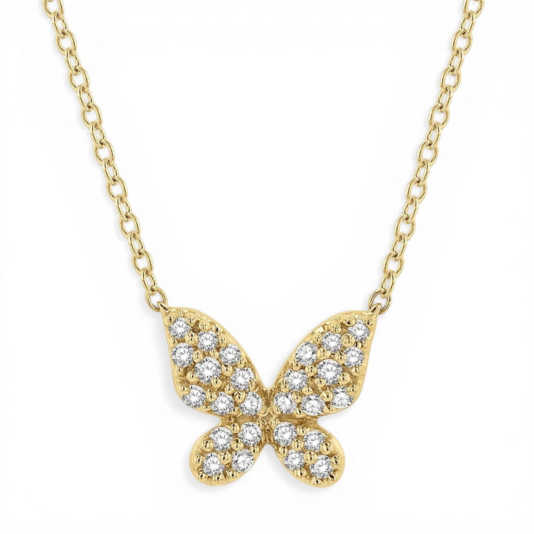 0.15 ctw White Diamond Butterfly Motif 10K Yellow Gold Pendant Necklace: Captured in a moment of brilliance, this elegant Butterfly Motif pendant necklace featuring White Diamond speaks to the connoisseur. Securely held in a classic Cluster design, the pendant necklace is 