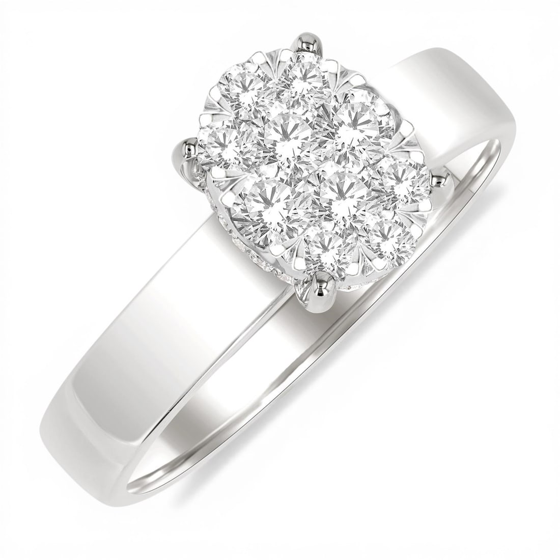 0.55 ctw Diamond Cluster 14K White Gold Ring: A symphony of light and color, this magnificent Bold Shank Oval Shaped Cluster ring featuring White Diamond embodies the pinnacle of luxury. Expertly mounted in a Cluster setting, the ring is crafted 