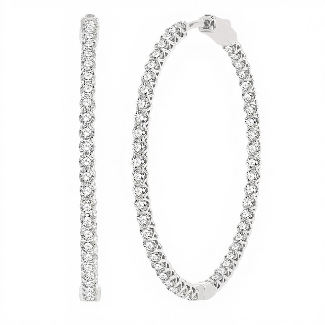 4.05 ctw Inside-Out Diamond 14K White Gold Hoop Earrings: Rare and radiant, this breathtaking Inside-Out Hoop pair of earrings featuring White Diamond offers a touch of the extraordinary. Crafted with precision, the Inside-Out Hoop setting is seamlessly inte