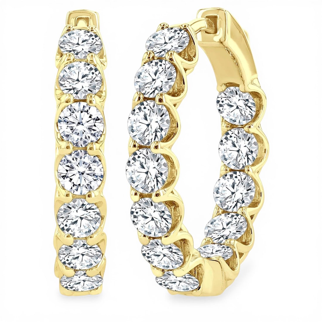 4.02 ctw Inside-Out Diamond Hoop Earrings 14K Yellow Gold: A vision of luxury, this breathtaking Inside-Out Hoop pair of earrings featuring White Diamond defines sophistication. Securely held in a classic Continuous Line design, the earrings are forged from 7