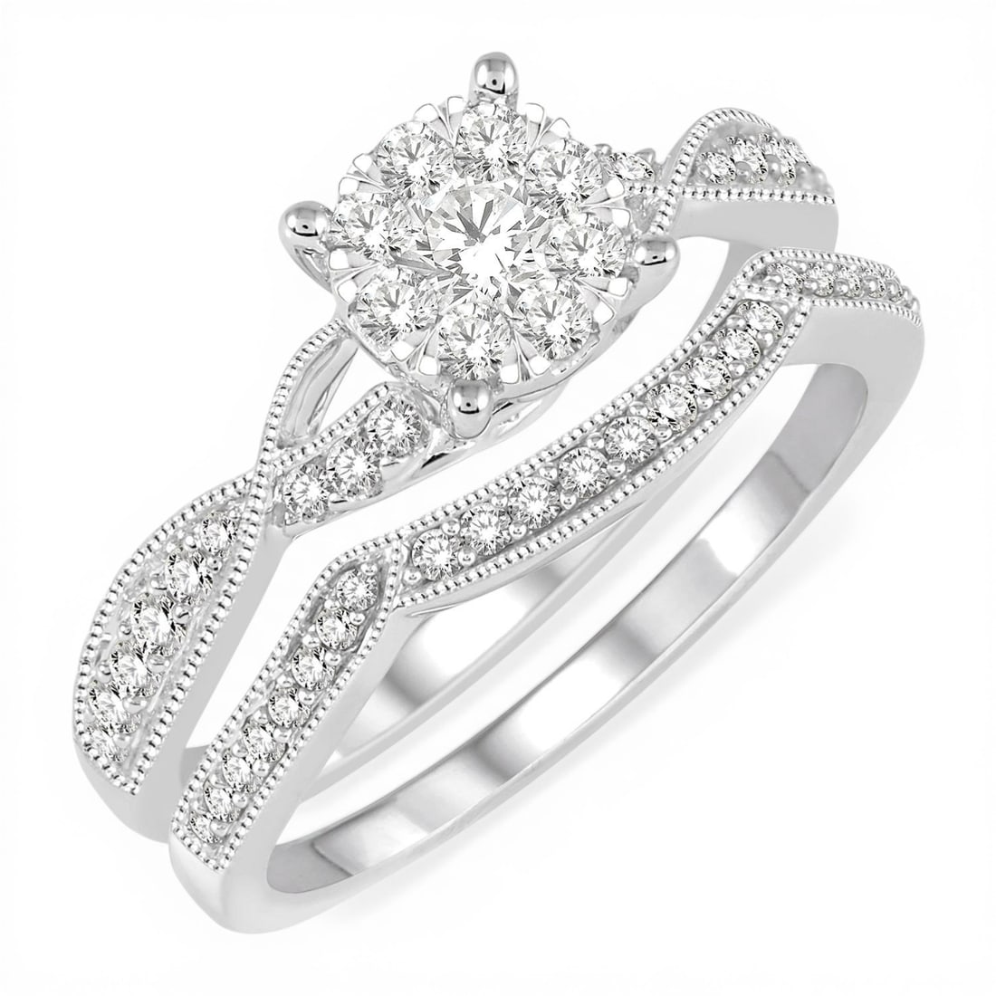0.64 ctw Diamond Cluster Bridal Set Engagement Ring & Band 14K White Gold (1 of 3)
