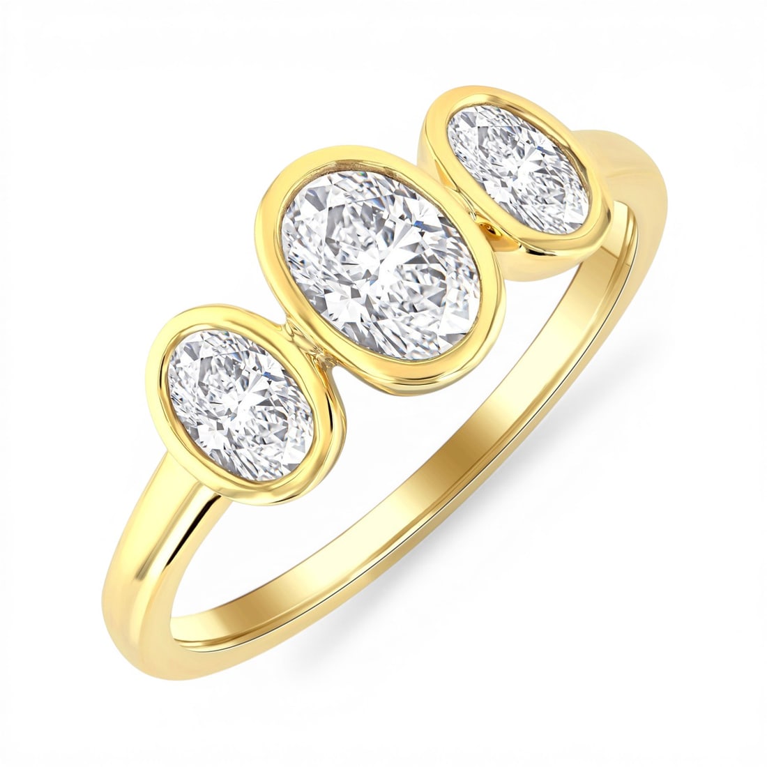 1.02 ctw Oval Diamond Three-Stone Bezel Set 14K Yellow Gold Ring: An exquisite masterpiece of haute joaillerie, this breathtaking Three-Stone Bezel ring featuring Natural Diamonds is a true treasure. Showcasing the gems in a Three-Stone Bezel arrangement, the ring c