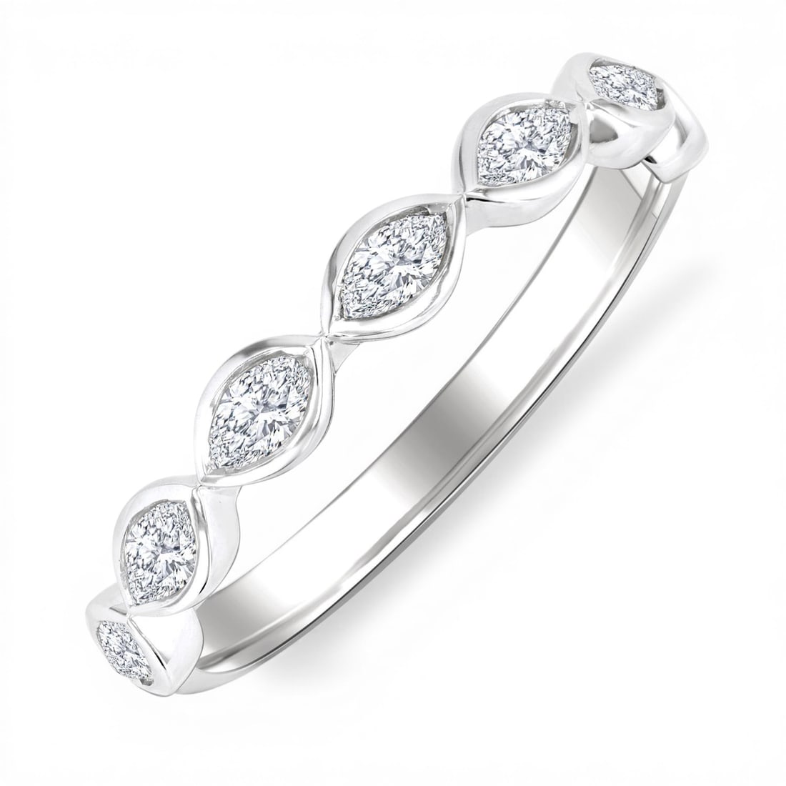 0.7 ctw East-West Set Marquise Diamond Stackable Band 14K White Gold Ring: Rare and radiant, this magnificent East-West Set Marquise ring featuring White Diamond offers a touch of the extraordinary. A detailed Bezel gallery secures the stones, rendered in 2.55 grams of lustr